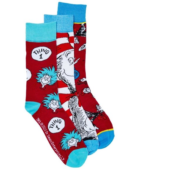Mens Adult 3 Pair Dr. Seuss Cat in the Hat Crew Socks Set  Shoe Size 8-12 NIB - Picture 1 of 2